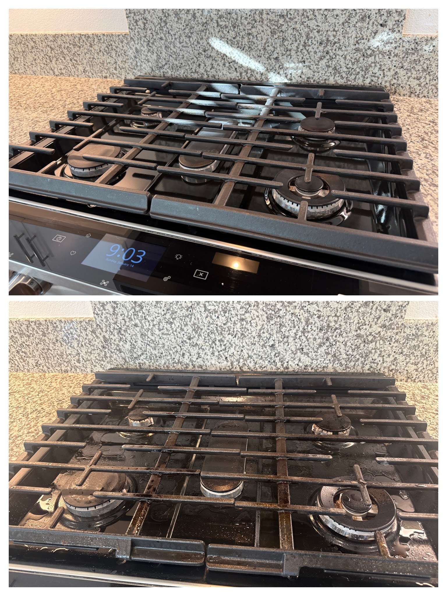Gas cooktop before and after cleaning collage