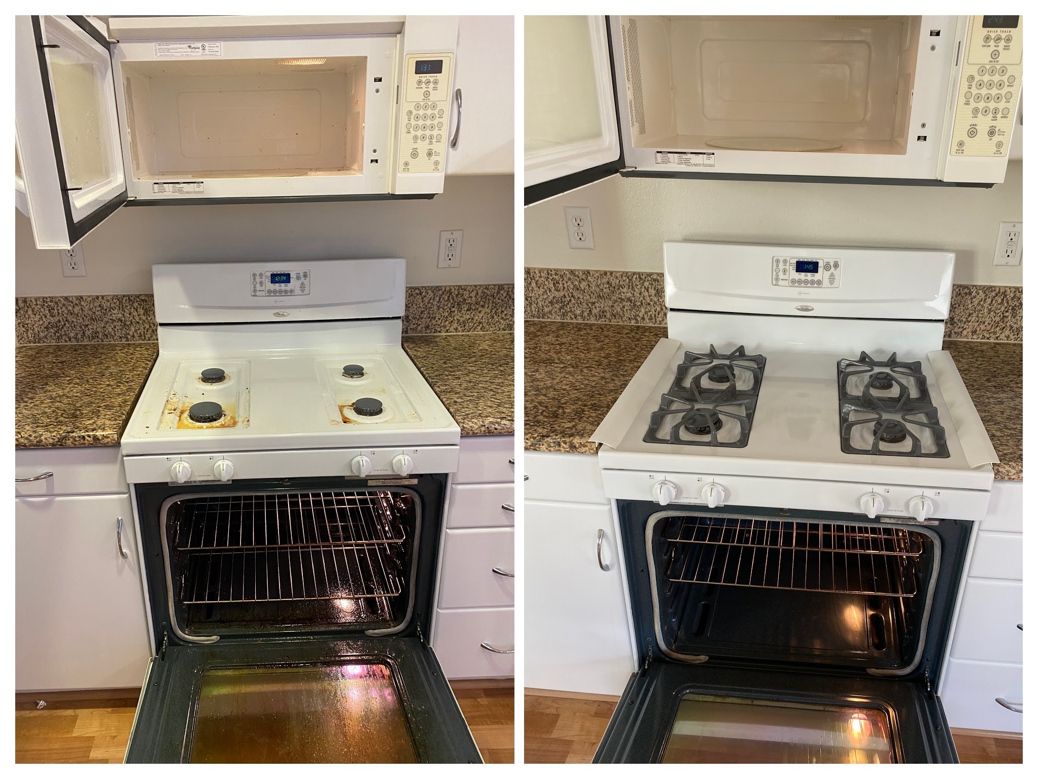 Oven and stovetop before and after cleaning collage