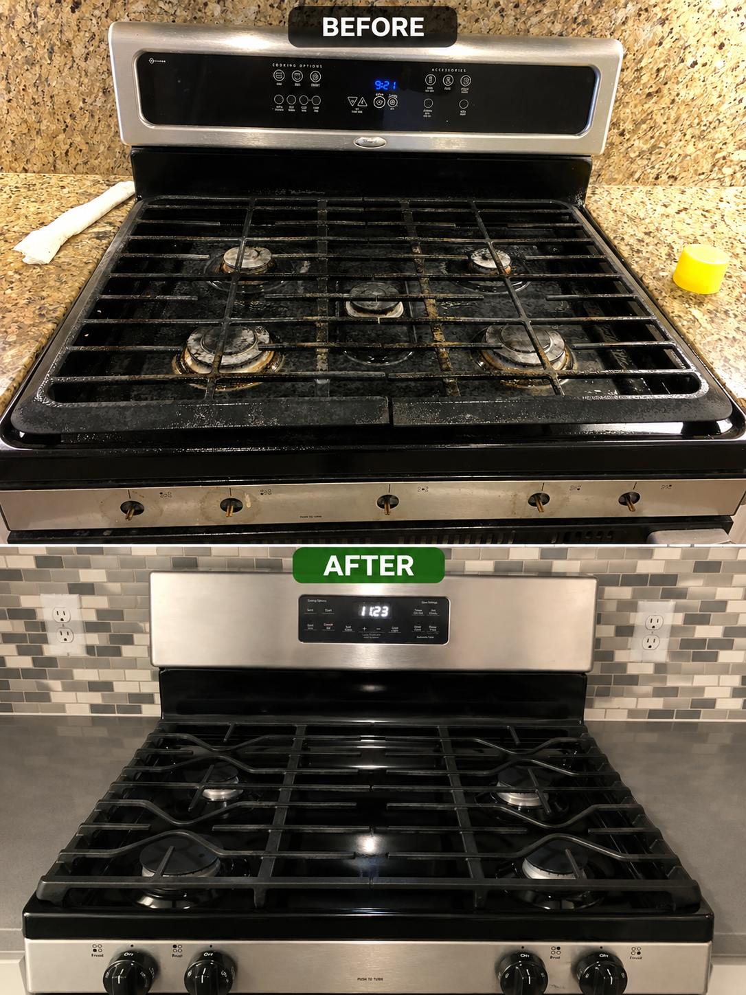Gas range before and after deep cleaning