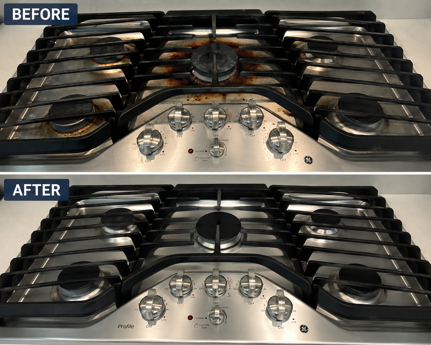 GE Profile cooktop before and after cleaning